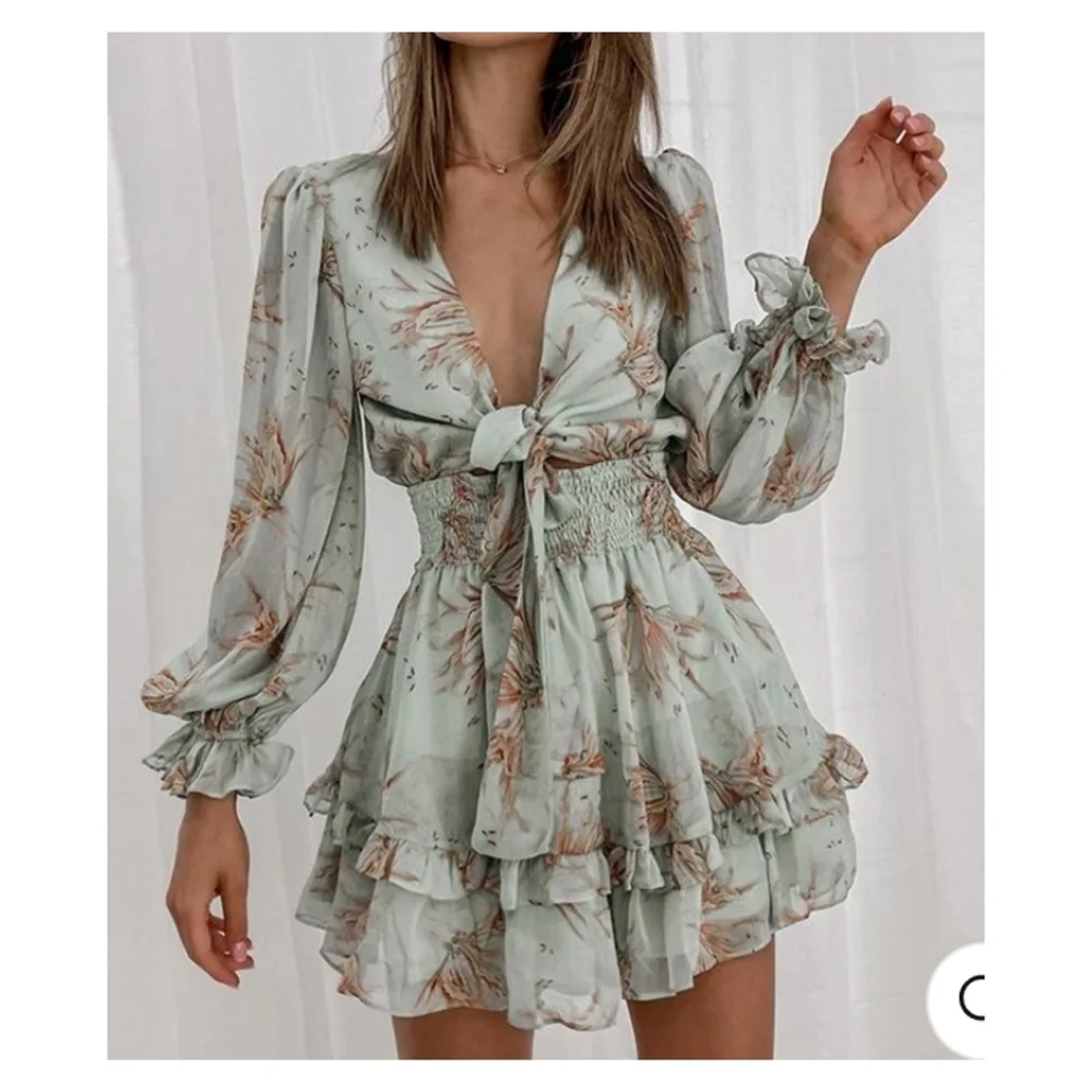Green floral long sleeve chiffon v-neck smock waist a-line ruffle mini dress - Picture 1 of 5